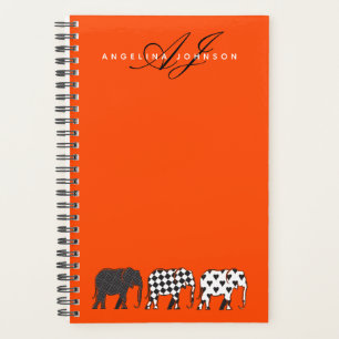 Elefant Schwarz Weiß und Orange Monogramm Name Planer