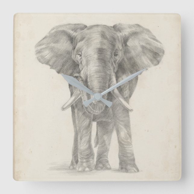 Elefant-Skizze Quadratische Wanduhr (Vorderseite)