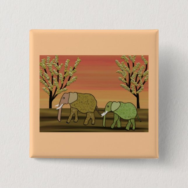 Elefant-Sonnenuntergang Button (Vorderseite)