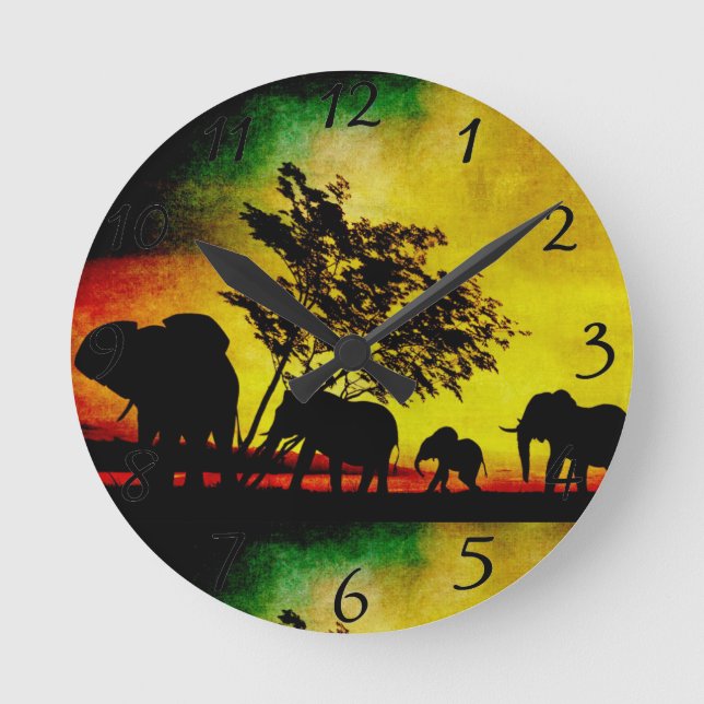 Elefant-Sonnenuntergang Runde Wanduhr (Vorderseite)