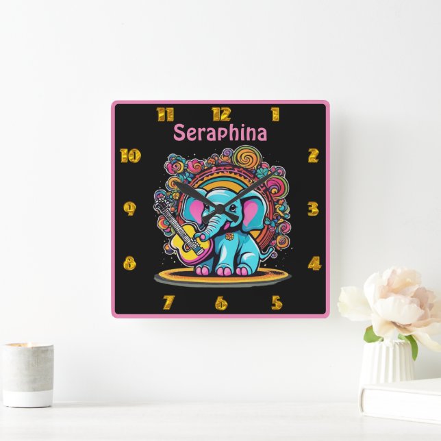 Elefant spielt Gitarre in einer kläglichen Szene Quadratische Wanduhr (Zuhause)