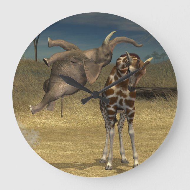 Elefant springt über Giraffe Große Wanduhr (Vorderseite)
