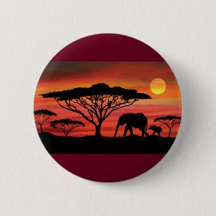 Elefant und Baby und Serengeti-Sonnenuntergang Button