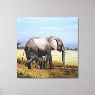Elefant und eine Kalbsölmalerei Leinwanddruck
