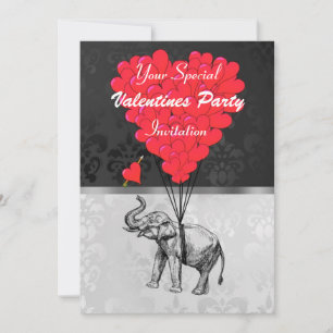 Elefant und Herz auf Damast-Valentin-Party Einladung