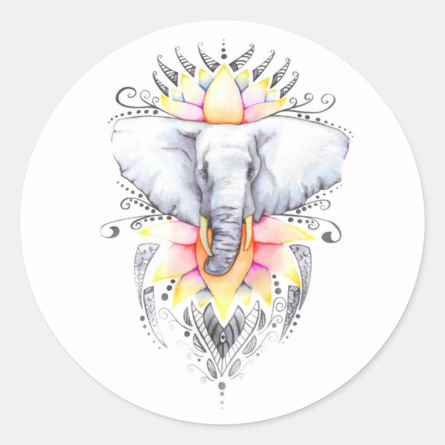 Elefant und Lotus Runder Aufkleber (Vorderseite)