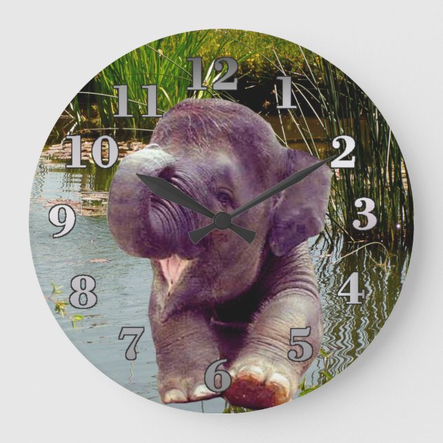 Elefant und Wasser Große Wanduhr (Vorderseite)