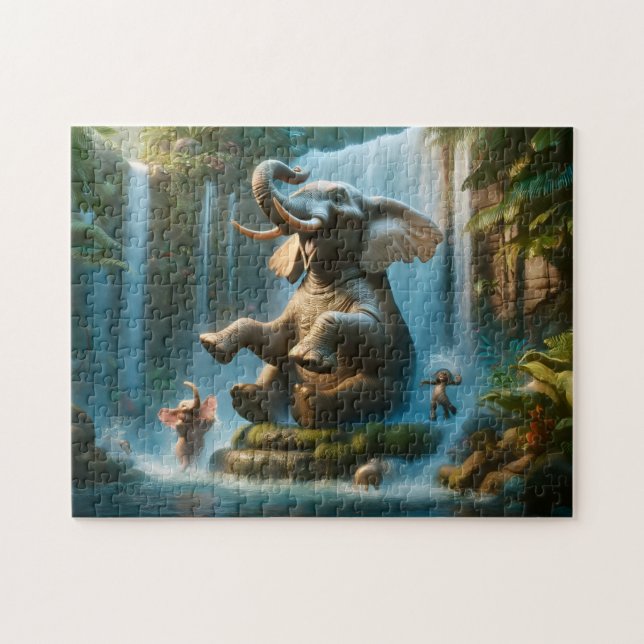 Elefant Wasserfall Spielende Dschungeltiere (Horizontal)