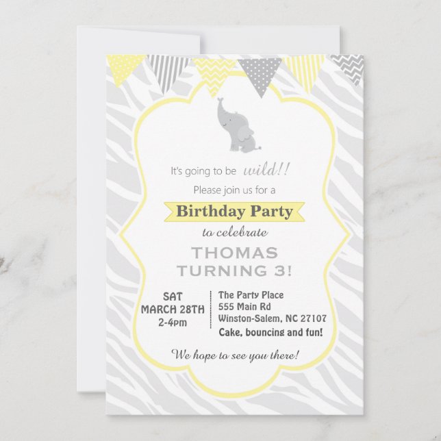 Elefant Zebra zum Geburtstag Einladung (Vorderseite)