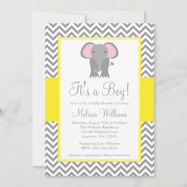 Elefant Zickzack Yellow Gray Baby Dusche Einladung (Vorderseite)