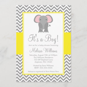 Elefant Zickzack Yellow Gray Baby Dusche Einladung