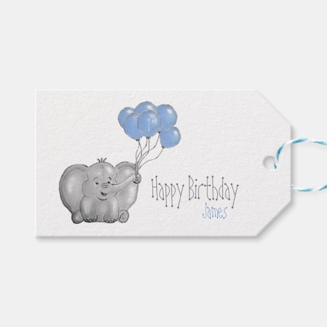 Elefant zum 1. Geburtstag mit Ballon Geschenkanhänger (Vorderseite (Horizontal))
