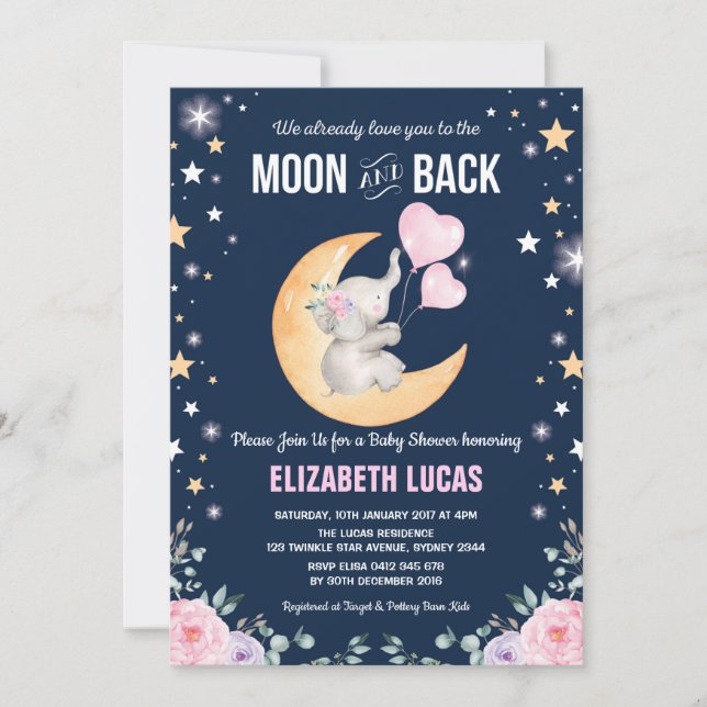 Elefante Liebe zur Mond- und Rückendusche Einladung (Vorderseite)
