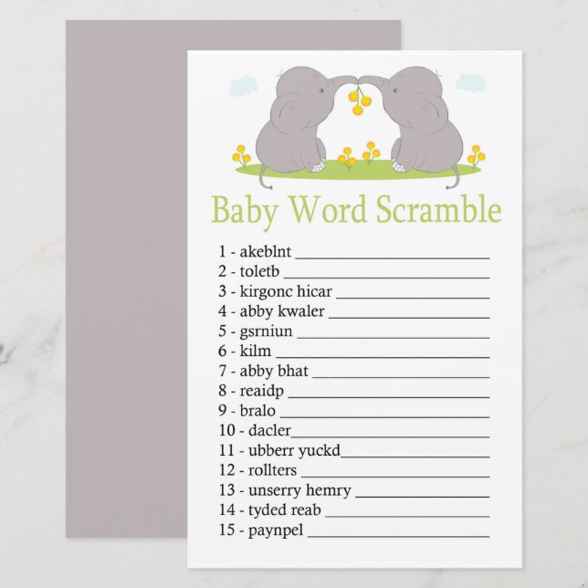 Elefanten Baby-Wort-Scramble-Spiel (Vorne/Hinten)