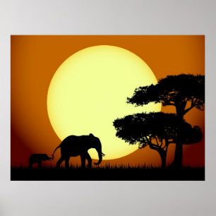 Elefanten bei Sonnenuntergang Poster