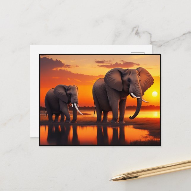 Elefanten bei Sunrise (AI generiert) Postkarte (Vorderseite/Rückseite Beispiel)