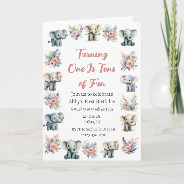 Elefanten & Boho Jungle Blume Geburtstag Einladung (Vorderseite)