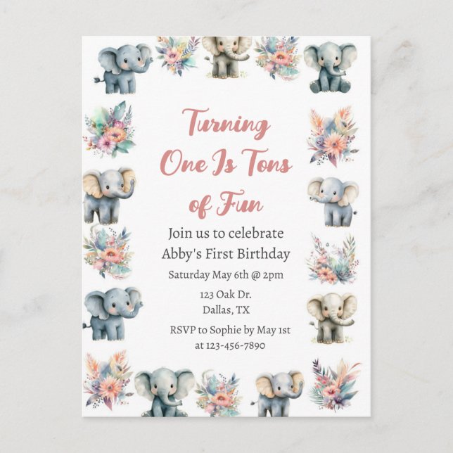 Elefanten & Boho Jungle Blume Geburtstag Postkarte (Vorderseite)