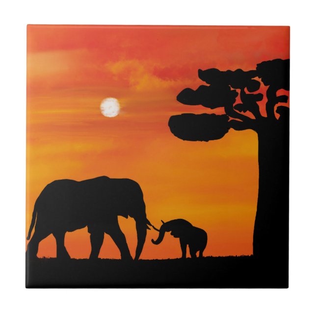 Elefanten, Himmel, Tiere, Sonnenaufgang, Natur, Af Fliese (Vorderseite)