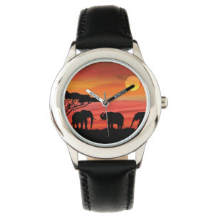 Elefanten im Serengeti-Sonnenuntergang Armbanduhr