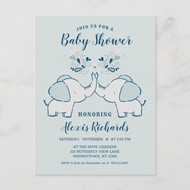 Elefanten in Navy & Mint Baby Boy Twins Dusche Einladungspostkarte (Vorderseite)