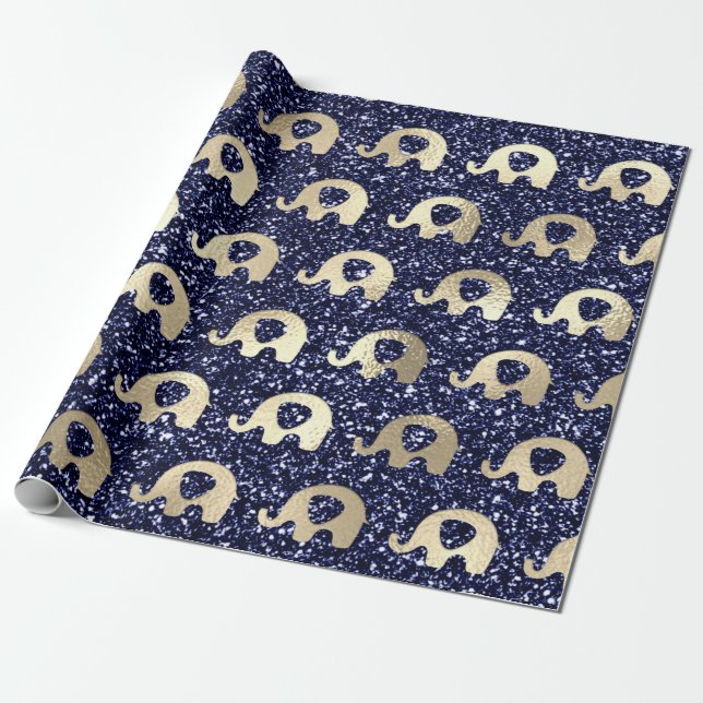 Elefanten Metallic Glitzer Gold Blue Navy Baby Boy Geschenkpapier (Ungerollt)