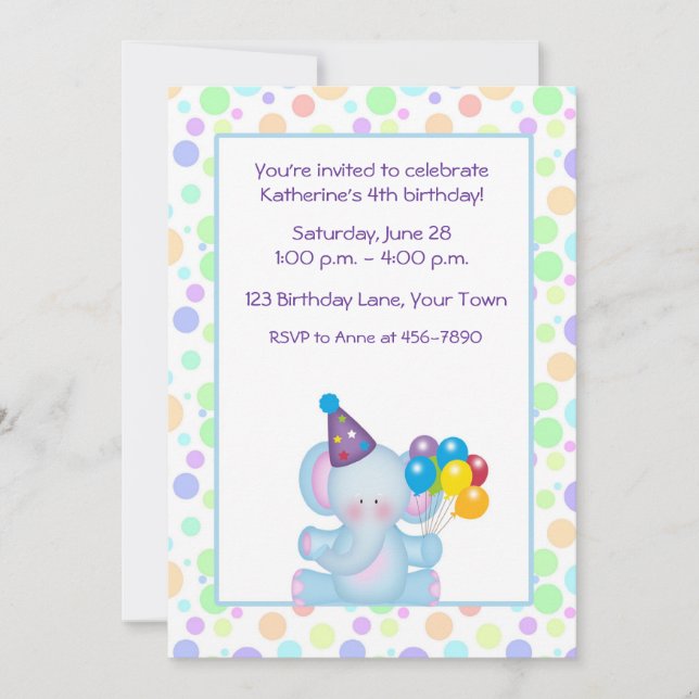 Elefanten und Balloons Geburtstag Einladung (Vorderseite)