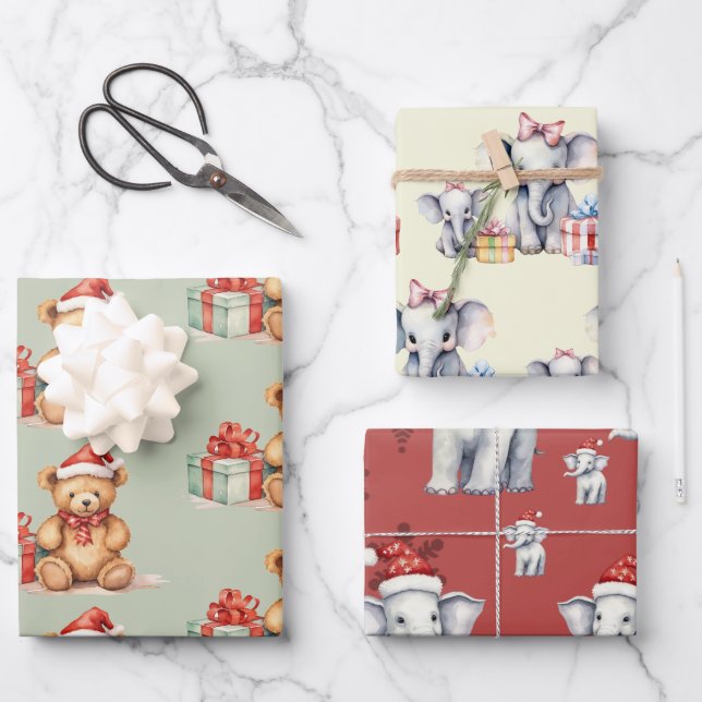Elefanten und Bären zu Weihnachten Geschenkpapier Set (Vorderseite)