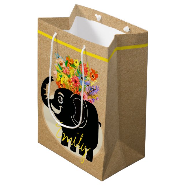 Elefanten und Blume mittelgroße Geschenktasche Mittlere Geschenktüte (Vorderseite Schrägansicht)