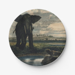 Elefanten und ein Panther in der indischen Wüste Pappteller