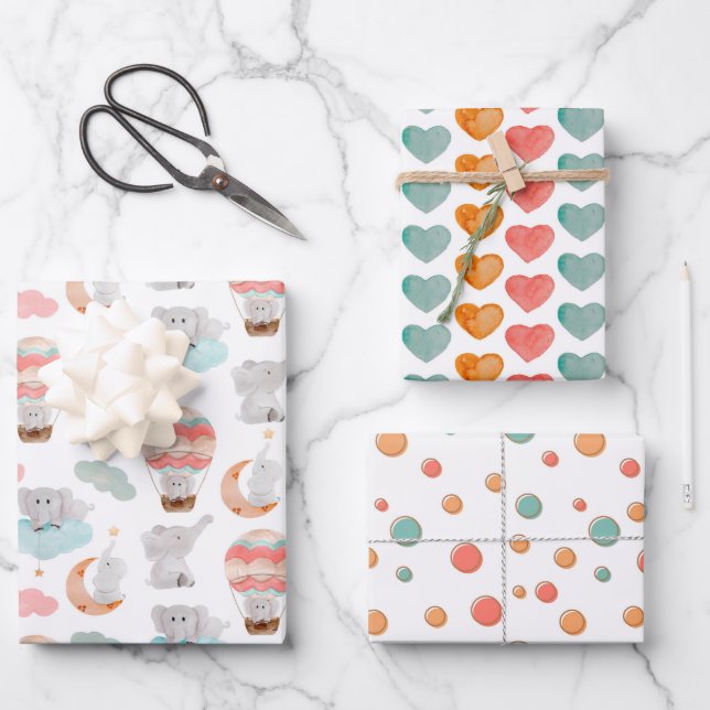 Elefanten und Liebe Herzmuster Geschenkpapier Set (Vorderseite)