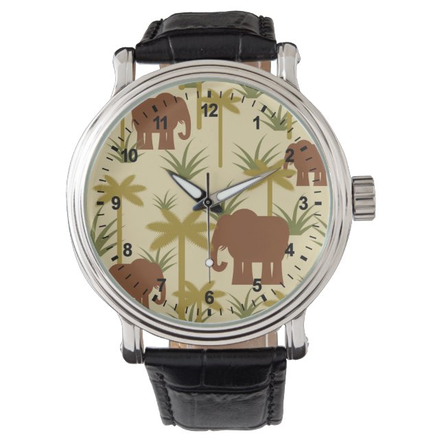 Elefanten und Palmen in Camouflage Armbanduhr (Vorderseite)