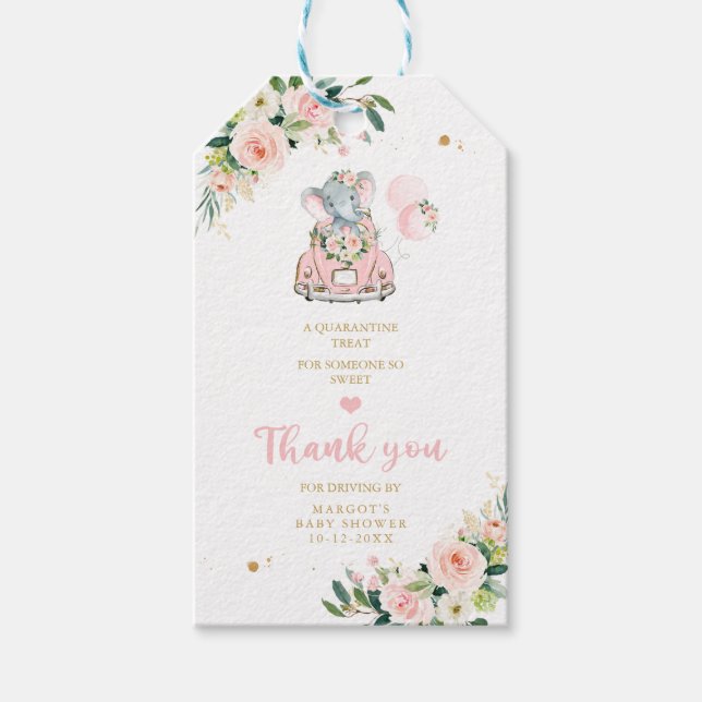 Elefantenantrieb mit Babydusche rosa Rose Geschenkanhänger (Vorderseite)