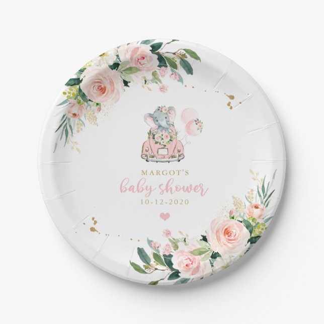 Elefantenantrieb mit Babydusche rosa Rose Pappteller (Vorderseite)