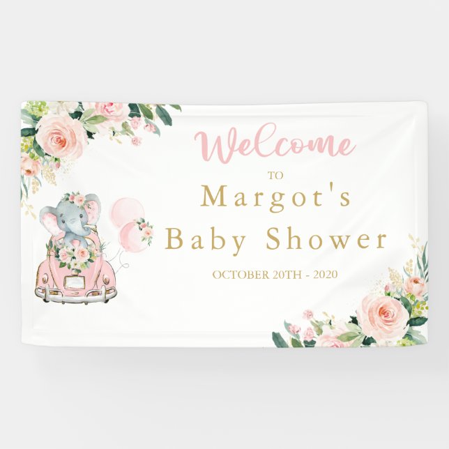 Elefantenantrieb mit Babydusche, rosa Rosen Banner (Horizontal)