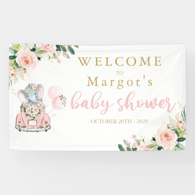 Elefantenantrieb mit Babydusche, rosa Rosen Banner (Horizontal)