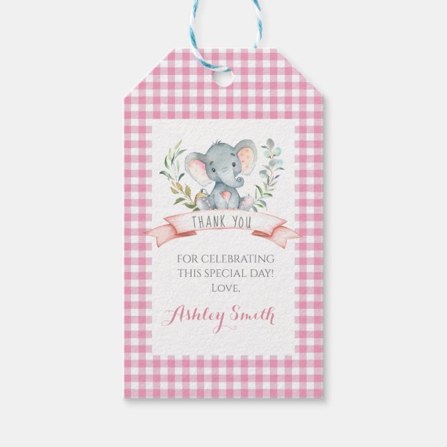 Elefantenbaby-Dusche Einladung Rosa Mädchen Geschenkanhänger (Vorderseite)