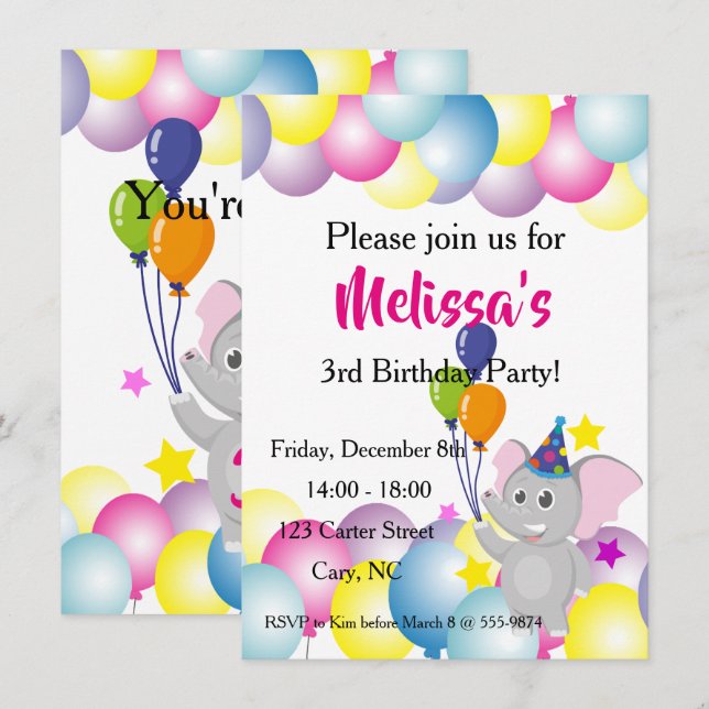 Elefantenballons Geburtstag Einladung (Vorne/Hinten)