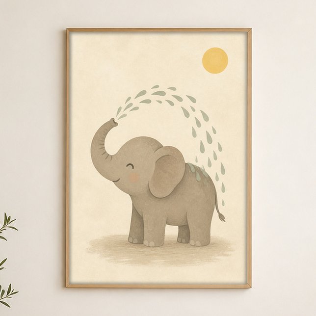 Elefantendusche Wasserfarbe Whimsical Art Poster (Shown framed for scale. Poster ships unframed; frames are an optional add-on.)