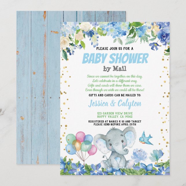 Elefantenjunge Babydusche per Post blauer Blume Einladung (Vorne/Hinten)