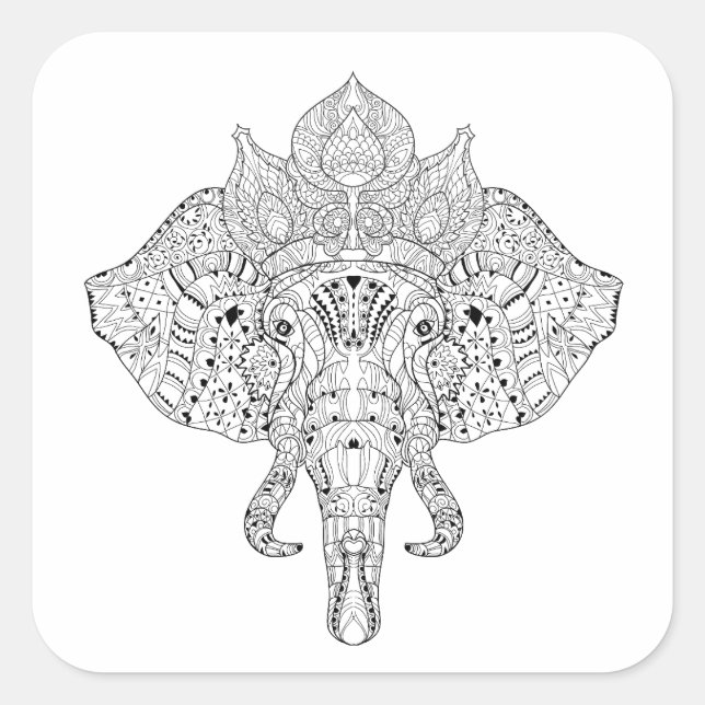 Elefantenkopf Inspiriert Doodle Quadratischer Aufkleber (Vorderseite)