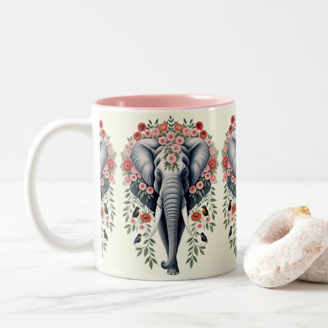 Elefantenkopf und Blume Zweifarbige Tasse (Mit Donut)