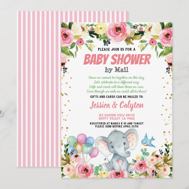 Elefantenmädchen Babydusche mit Post rosa Rose Einladung (Vorne/Hinten)