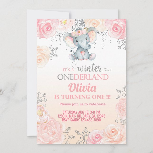 Elefantenmädchen zum ersten Geburtstag einladen. e Einladung (Vorderseite)