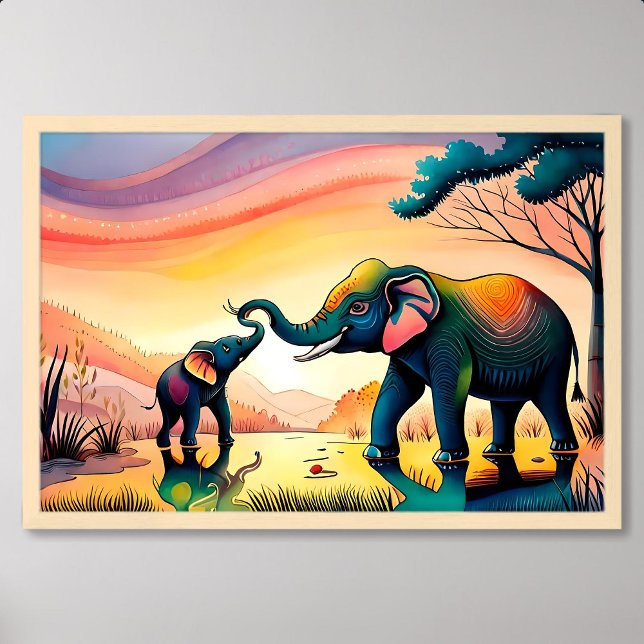 Elefantenmalerei India Kind Mutter glückliches Leb Poster (elephant painting india child mother happy life)