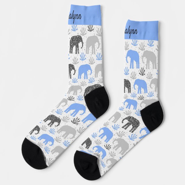 Elefantenmuster graublaue Glitterie mit Namen Socken (Linkes Detail)