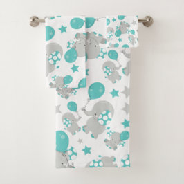 Elefantenmuster, Niedliche Elefanten - Blau grau Badhandtuch Set