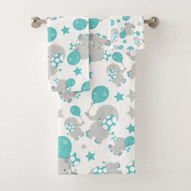 Elefantenmuster, Niedliche Elefanten - Blau grau Badhandtuch Set (Insitu)