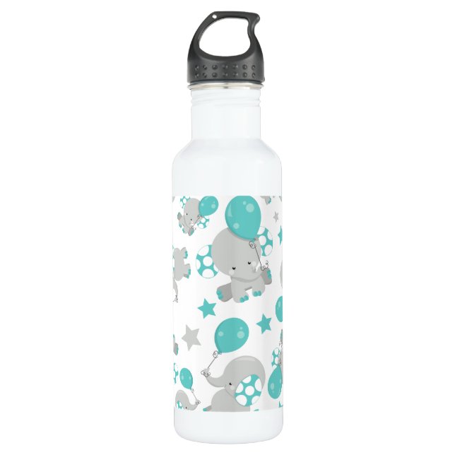 Elefantenmuster, Niedliche Elefanten - Blau grau Edelstahlflasche (Vorderseite)
