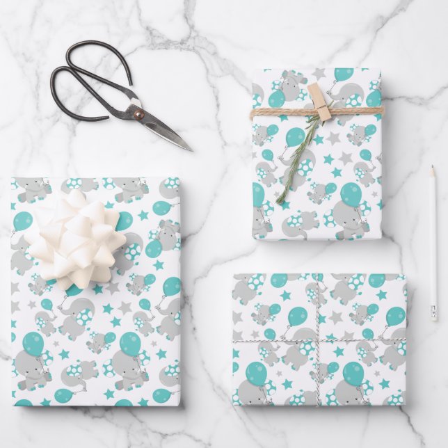 Elefantenmuster, Niedliche Elefanten - Blau grau Geschenkpapier Set (Vorderseite)